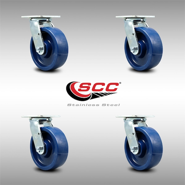6 Inch Stainless Steel Solid Poly Wheel Swivel Caster Set with Roller Bearings